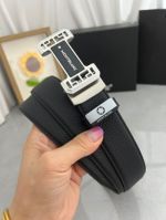 1:1  Montblanc Black Leather Belt with Silver Logo Buckle "工”Shape Buckle 3.5cm